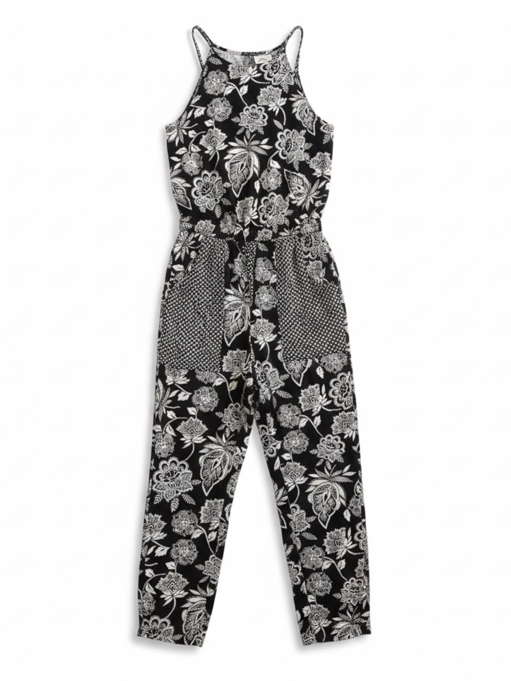 American Eagle Floral Jumpsuit Black White Strappy Wide Leg XXS